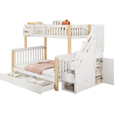 Lit superposé enfant double 140x200 avec rangements, tiroirs, escalier-coffre et étagères, bois blanc naturel, sans matelas, pour chambre partagée – CHICFURN (1/5)