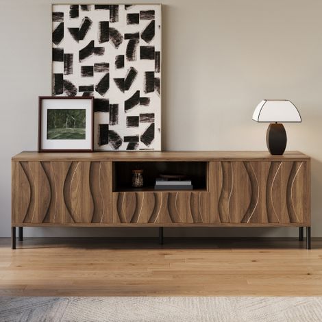 Meuble TV 160x35x46 cm avec 3 portes, étagère de rangement ouverte, en MDF, marron