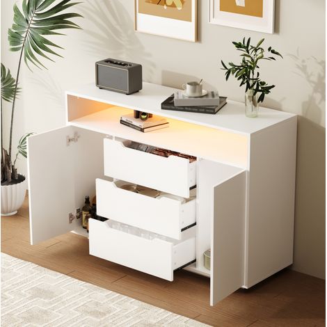 Buffet 120x40x85 cm blanc en bois d’ingénierie avec étagère ouverte, 3 tiroirs, portes et LED (1/5)