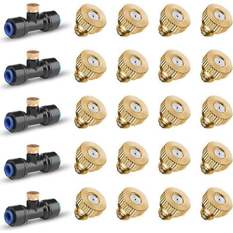 Lot de 20 buses de brumisation en laiton et lot de 5 raccords en T pour buses de brumisation pour système de refroidissement extérieur, buse de brumisation pour tuyau de 1/4 pouce (1/5)