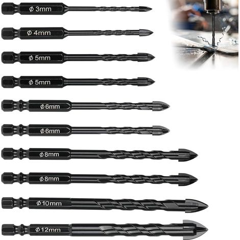 Fliesenbohrer Set 10 tlg 3-12 mm Hartmetall für Fliesen Glas Keramik (1/5)