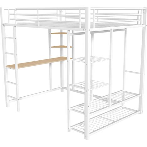 Cama alta de metal 140 x 200 cm con escritorio y almacenaje, blanca, HOMVRA (1/5)