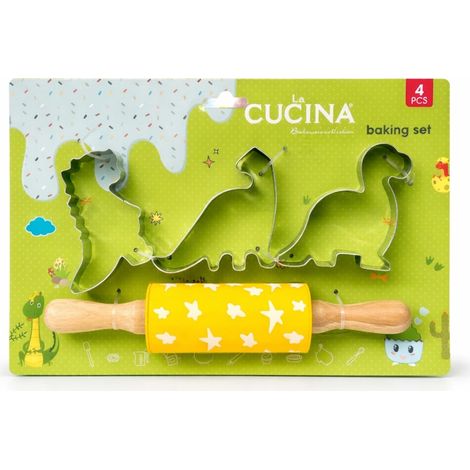 Mattarello e formine per biscotti a forma di dinosauro