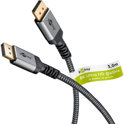 goobay 65266 Cable DisplayPort 1.4 hasta 8K @ 60 Hz (UHD), 4K @ 144 Hz y 2K @ 240 Hz, DP, cable Displayport de alta velocidad, cable pantalla, Nylon trenzado, Gaming, streaming de video HD, 3m