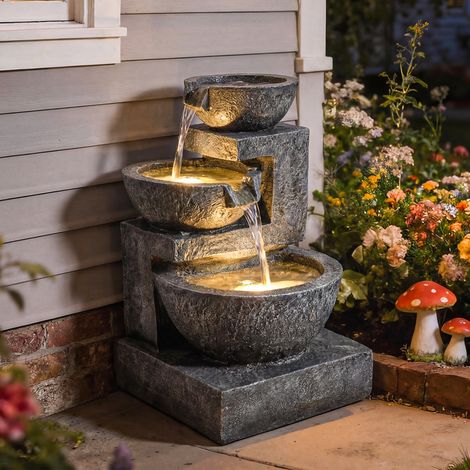 Gartenbrunnen mit LED-Beleuchtung und Pumpe, dreistufiger dekorativer Wasserfallbrunnen, 40 x 37 x 61 cm, mehrfarbig