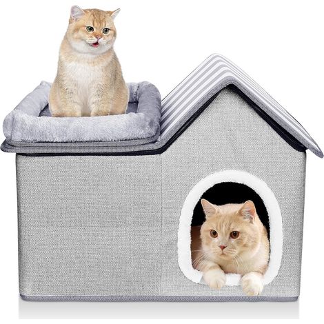 Maison Chat Exterieur avec Coussin Plateforme Lavables, Niche Chat Intérieur Chatons/Mittlere Haustiere