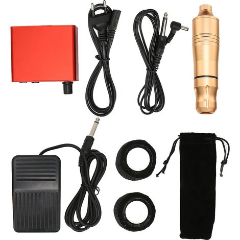 Kit de tatouage complet, stylo rotatif, machine à tatouer, alimentation, pédale, outils, or (1/5)