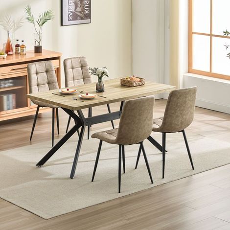 Ensemble table à manger - WAFTING - 140x80 cm - 4 chaises tissu technique brun jaunâtre - Structure métal, plateau MDF aspect bois (1/5)