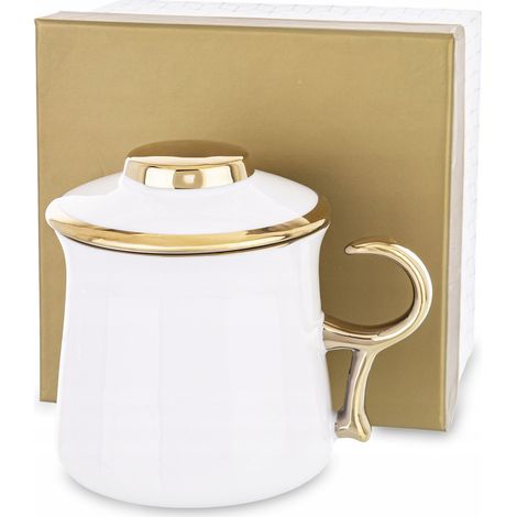 Tazza bianca con infusore, bianca e oro, in porcellana, per erbe invernali, 450 ml (1/5)