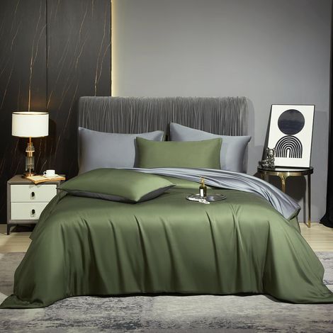 Parure de lit rafraîchissante en bambou 135 x 200 cm, vert olive, vert, gris, uni, fibres de bambou Lyocell brillant, 2 pièces, housse de couette lit simple avec fermeture éclair (1/5)