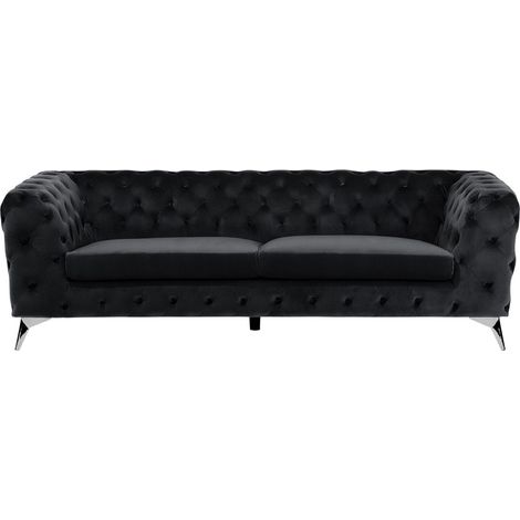 Sofá de 3 plazas de terciopelo negro estilo Chesterfield con respaldo bajo Sotra