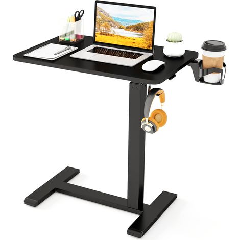 COSTWAY Tavolino Laterale Regolabile in Altezza, Tavolino da Letto e Divano con Ruote, Portabicchieri e Gancio per Cuffie, Tavolo per Soggiorno, Camera da Letto e Studio (Nero) (1/5)