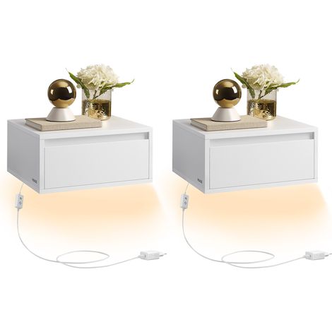 Vasagle – Tables de chevet suspendues – Lot de 2 – Avec lumière réglable 3 couleurs – Tiroir pratique – Dimensions 35 x 40 x 18 cm – Design moderne blanc nuage