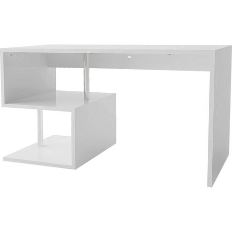Dmora Scrivania moderna ad Esse per ufficio e studio con scaffale, Made in Italy, Tavolo da computer, Scrittoio porta PC, cm 140x60h78, colore Bianco lucido, con imballo rinforzato (1/5)