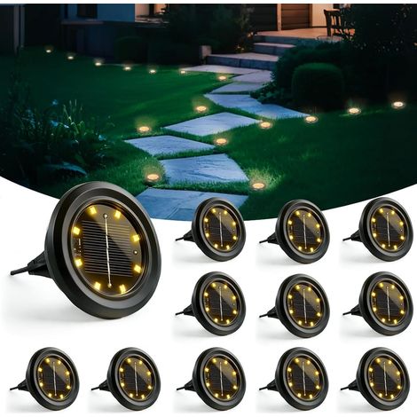 Lot de 12 Lampe Solaire Exterieur Au Sol, 8 LED Jardin Lumiere Solaire Extérieur, Lumière Solaire IP65 Étanche Longue Durée de Vie, Spot Solaire pour Chemins Pelouse Allée Terrasse, Blanc Chaud (1/5)