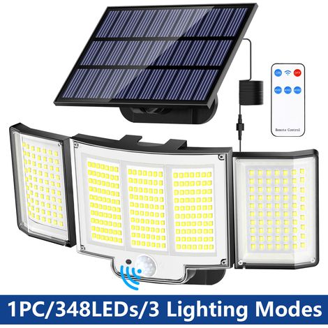 Lampe Solaire Extérieure 348 LED avec Télécommande, Projecteur Solaire à Panneau Séparé, Détecteur de Mouvement PIR, 3 Modes d’Éclairage, Blanc Froid, IP65 Étanche, Applique Murale Solaire pour Jardin (1/5)