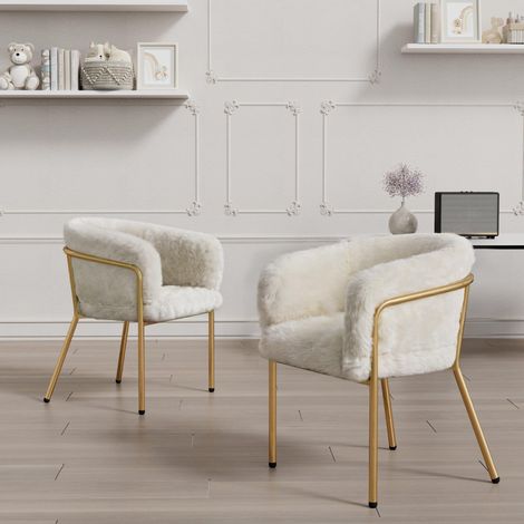 Chaise de loisirs, lot de 2, chaise de coiffeuse, chaise de salon et de chambre, légère et luxueuse, chaise de salle à manger, avec quatre pieds de support en métal, imitation duvet de lapin, beige (1/5)