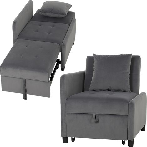 Poltrona Letto Singolo 4 in 1 Estraibile a Trapuntato, Reclinabile, in Velluto, Grigio Scuro (1/5)