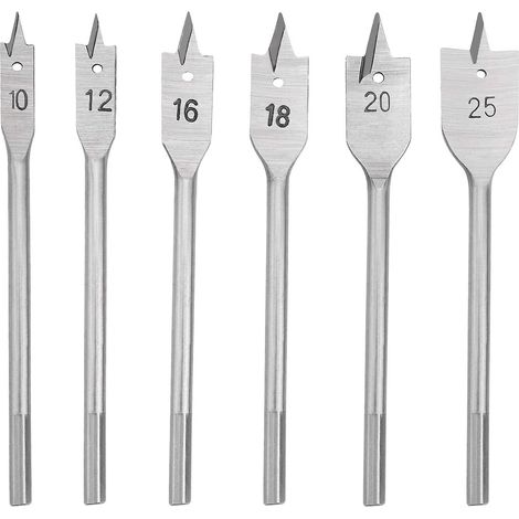 Jeu de 6 mèches plates en acier au carbone pour le bois (10-25 mm), mèche plate à bois, outil de perçage pour le bois, foret plat pour bois (1/4)