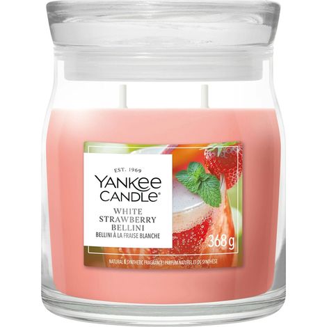 Candela media Signature White Strawberry Bellini 368g Rosa Yankee Candle