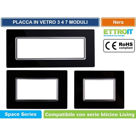 Ettroit placca compatibile Bticino Livinglight 3 moduli vetro colore nero - LN84302