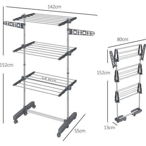 Étendoir à linge. 4 niveaux, pliable, système de pliage en un clic, 142 cm x 55 cm x 152 cm, bleu et argent (1/5)