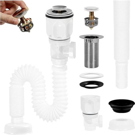 Siphon d'évier rétractable, couvercle d'évier de cuisine avec tuyau flexible, résistant aux odeurs et aux insectes, blanc, bonde escamotable. (1/4)