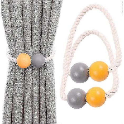 Embrasses magnétiques pour rideaux (lot de 2), fixations en bois pour rideaux, idéales pour la maison, les chambres d'étudiant, les bureaux et comme décoration de fenêtre. Coloris : gris et orange. (1/4)