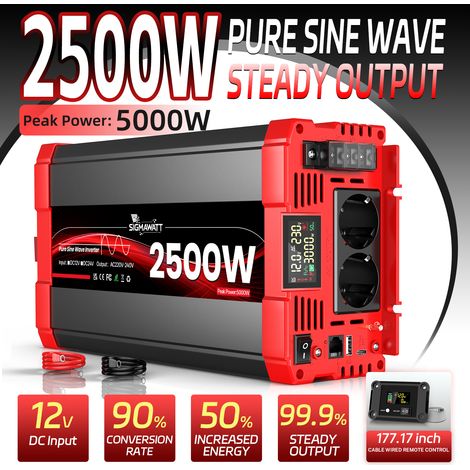 Onduleur pur sinus 12V vers 230V, 2500W continu 5000W crête, convertisseur tension véhicule (1/5)