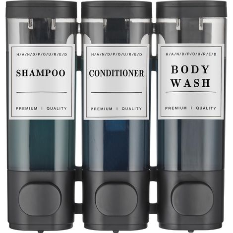 Distributeur de savon de douche, distributeur de shampoing mural à 3 compartiments, sans perçage, adapté aux salles de bains, noir. (1/5)