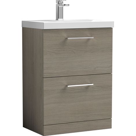 Balterley Contemporary Bathroom Floor Standing 2-Drawer Vanity Unit & Mid-Edge Ceramic Basin, Solace Oak, 600 mm