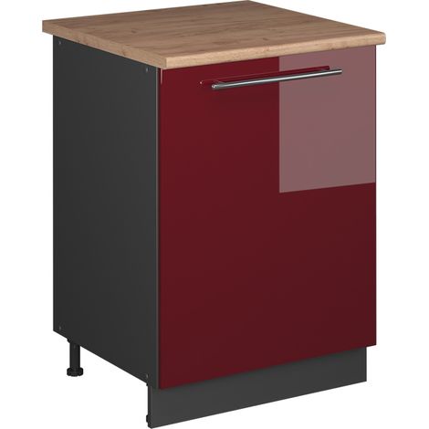Mobiletto base cucina Fame-Line, Bordeaux lucido/Antracite, 60 cm 1 anta con piano di lavoro, Vicco (1/5)