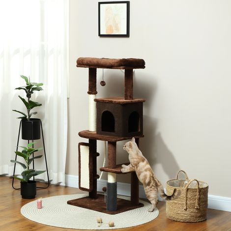 Katzenkratzbaum 132 cm mit Plattformen, Bürstenstamm, Hängebällen und Kratzmatte (Braun)