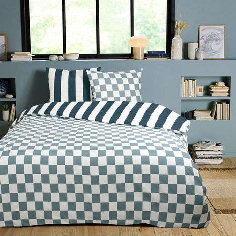 Parure de lit 2 personnes damier rayé réversible 240x220cm (1/4)