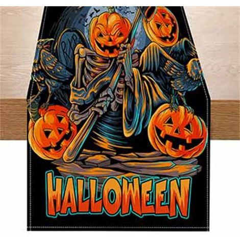 1 nappe de table Halloween, motif citrouilles noires et toile d'araignée, en lin, 33 x 183 cm, pour décoration automnale et fêtes à domicile (1/5)