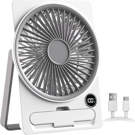 This USB rechargeable desktop fan features an LCD display and an ultra-thin design, making it ideal for camping, travel, and indoor use. It comes in white.
