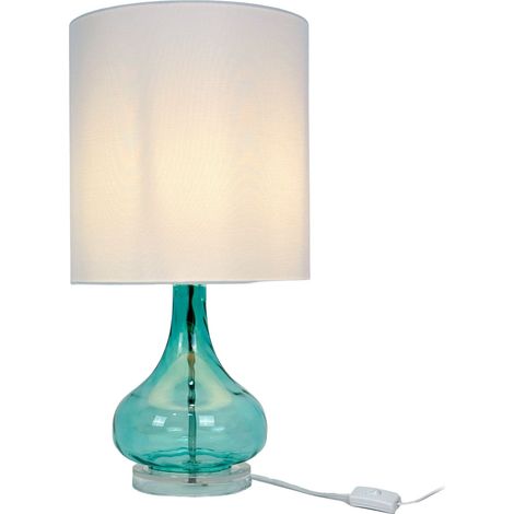 Relaxdays Tischlampe, Glasfuß & Stoffschirm, E27, H x D: 62 x 30,5 cm, Tischleuchte mit Kabel, Wohnzimmer, weiß/blau