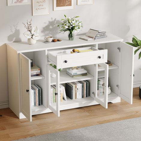 Credenza bianca 138 x 40 x 83 cm con 4 ante, 2 ante in vetro, 1 cassetto e 6 scomparti DESVIAE (1/5)