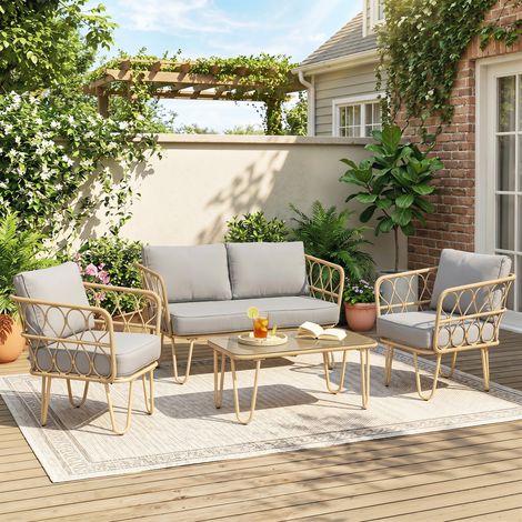 Ensemble de mobilier de jardin : canapé 2 places + 2 fauteuils + 1 table basse avec plateau en verre trempé et 7 coussins gris (1/5)