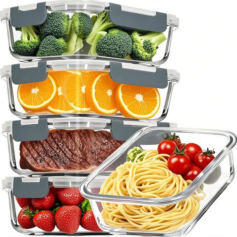 Contenitori in vetro da 1040 ml con coperchi ermetici e di chiusura, senza BPA, 5 contenitori e 5 coperchi a tenuta stagna per la preparazione dei pasti, adatti al microonde, al forno e al microonde.