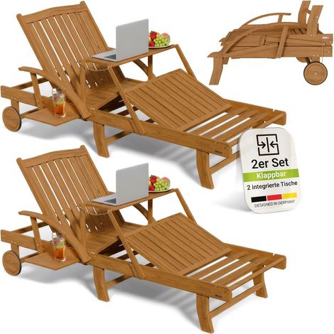 Juskys® 2er Set Sonnenliege SunScape - Natur, Akazie Holz, verstellbarer Tisch & Fußablage - 196x72,5x30 cm