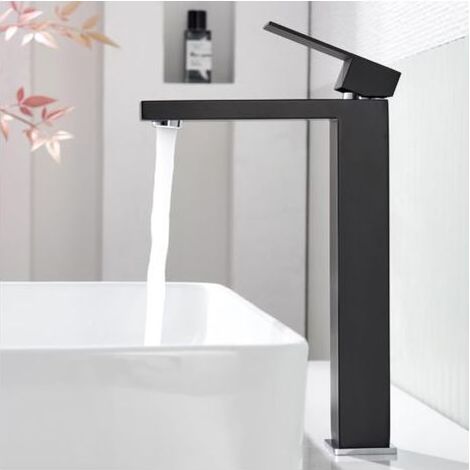 Robinet de Lavabo Noir Extra Haut, Mitigeur Salle de Bains Monocommande en Acier Inoxydable pour Vasque Surélevée, Hauteur de Sortie de 290mm, avec Accessoires Inclus (1/5)