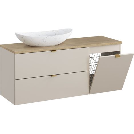 Ensemble meuble salle de bain suspendu DALIA 100cm Cachemire 100cm avec vasque ovale blanche mate, panier à linge et plan chêne naturel (1/5)