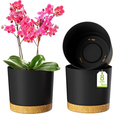 Pots de Fleurs de 20cm, Jardinières Modernes avec Trous de Drainage et Soucoupe Détachable, Pots de Fleurs en Plastique pour Plantes d'Intérieur et de Jardin (Gris Foncé, Lot de 3)