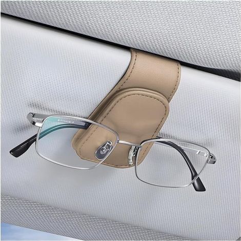 Car Glasses Holder, Magnetic Leather Clip-on Glasses Hanger for Car, Universal Car Visor Sunglasses Holder with Card Clip (Beige) (1/5)