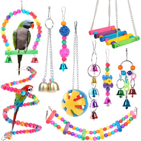Jouets pour oiseaux, jouets colorés avec clochettes, échelles et ponts, balançoire perchoir, jouet d'escalade, petites cages décoratives pour oiseaux, lot de 10. (1/3)