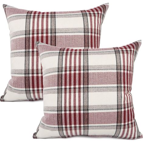 Funda de almohada decorativa de algodón y lino con estampado de cuadros escoceses estilo granja retro, 45 x 45 cm, juego de 2, rojo/rayado. (1/5)