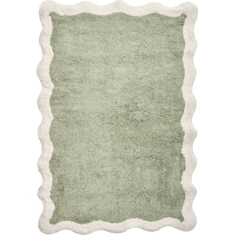 Bath Mat Green and Beige Cotton 60 x 90 cm Rectangular Shape Geometric Pattern Fluffy Bath Rug Bathroom Accessories Modern Design NANGAL (1/5)