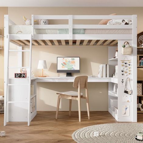 Lit Mezzanine Enfant 90 x 200 cm étagère d'appoint pratique garde-corps de sécurité échelle inclinée stable blanc (1/5)