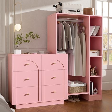 Armario abierto con 6 cajones, barra y estantes laterales, rosa 139 x 35 x 133 cm OKMYHOME (1/5)